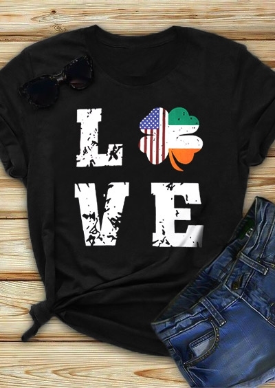 

Shamrock Lucky Irish America Love T-Shirt Tee, Black, 437957