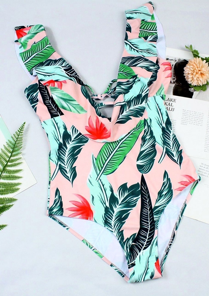 

Leaf Ruffled One-Piece Swimsuit without Necklace, Multicolor, 437936
