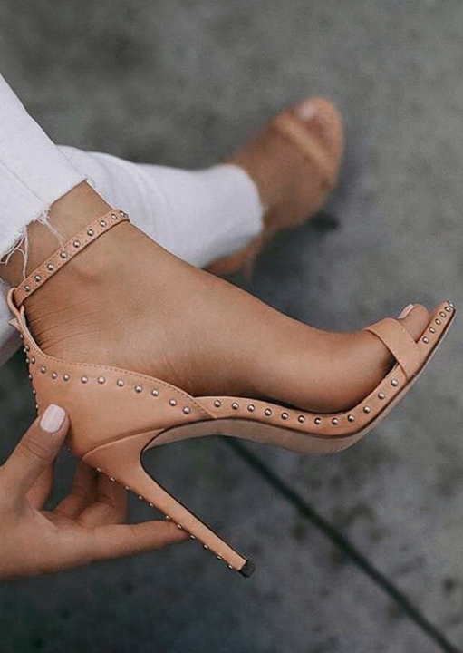 

Solid Ankle Strap Heeled Sandals, Black;light brown, 438167
