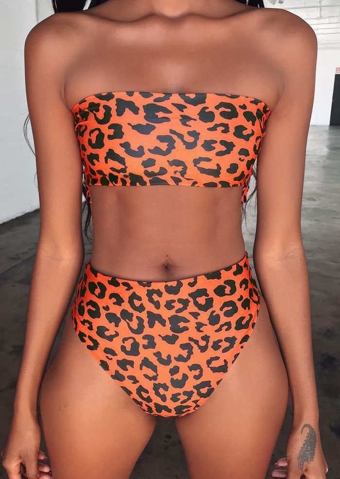 

Orange Leopard Strapless Print Bandeau High Waist Bikini Set