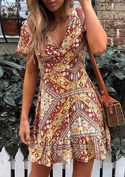 

Bohemian Floral V-Neck Mini Dress without Necklace, 436885, Multicolor