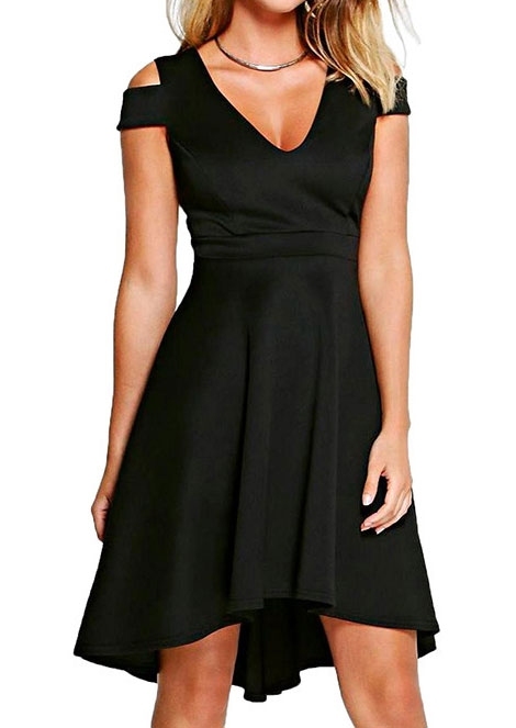 

Solid Asymmetric Cold Shoulder Casual Dress, Black, 407253