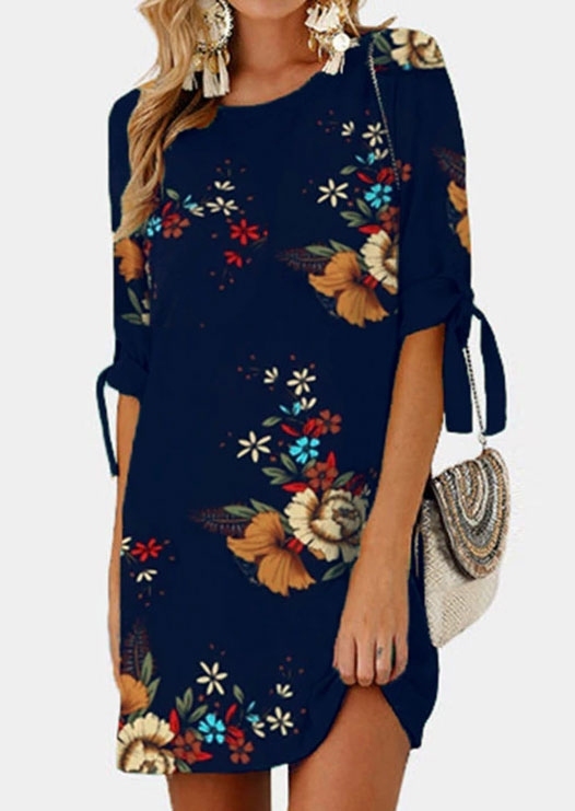 

Floral Tab-Sleeve O-Neck Mini Dress, Navy blue, 411103