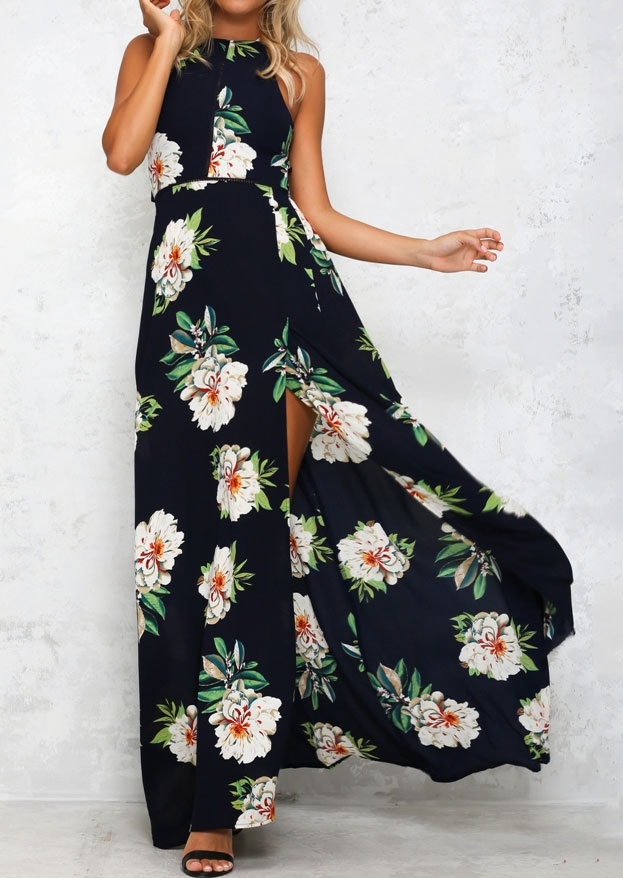 

Floral Hollow Out High Split Maxi Dress, White;navy blue, 109241