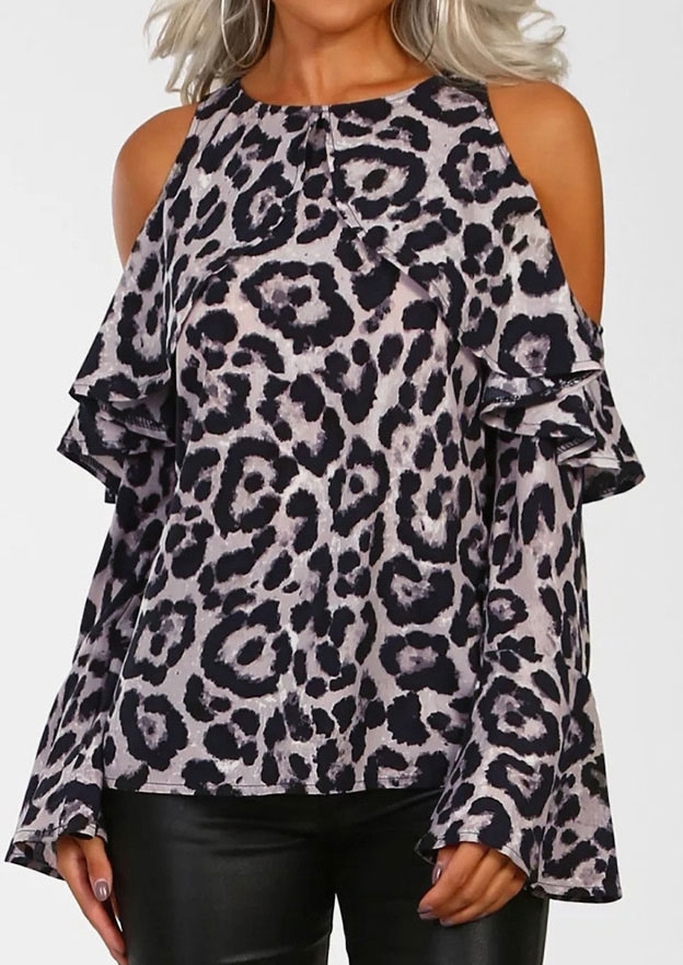 

Leopard Printed Cold Shoulder Blouse, Gray;apricot;light khaki, 428426