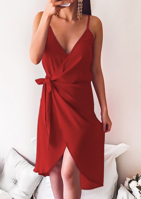

Solid Tie Deep V-Neck Wrap Dress, Black;red;navy blue, 435166