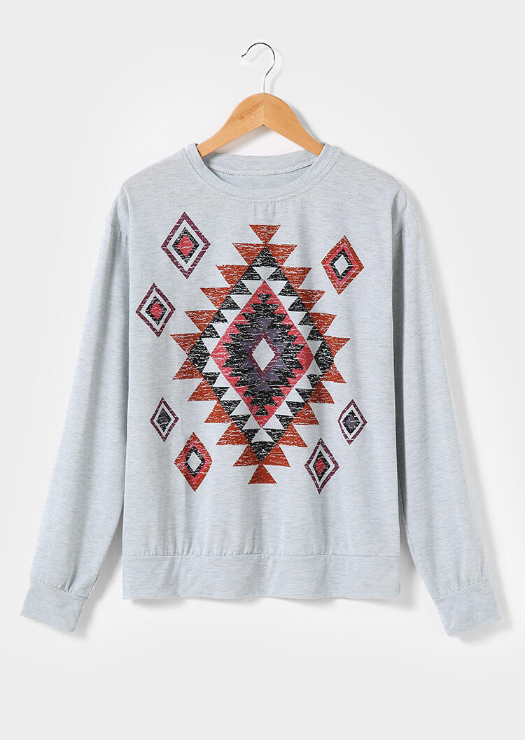 

Aztec Geometric Printed Long Sleeve T-Shirt, Light grey, 432665