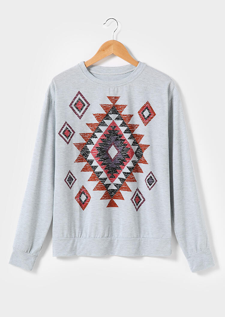 

Tees T-shirts Aztec Geometric Printed Long Sleeve T-Shirt in Light Grey. Size