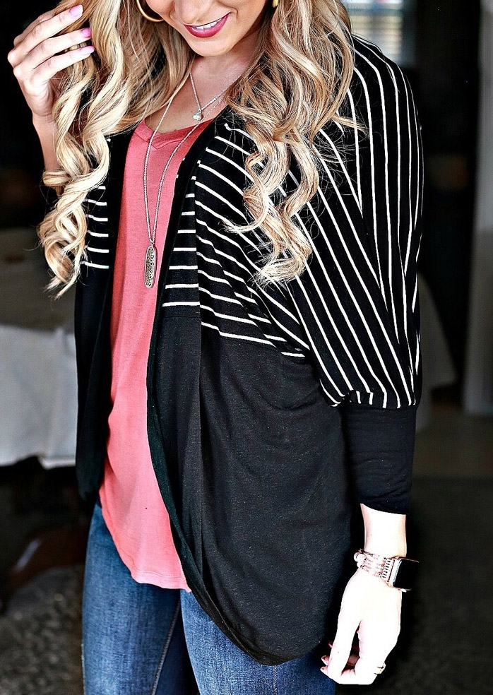 

Striped Batwing Sleeve Cardigan without Necklace, Stripe, 437859