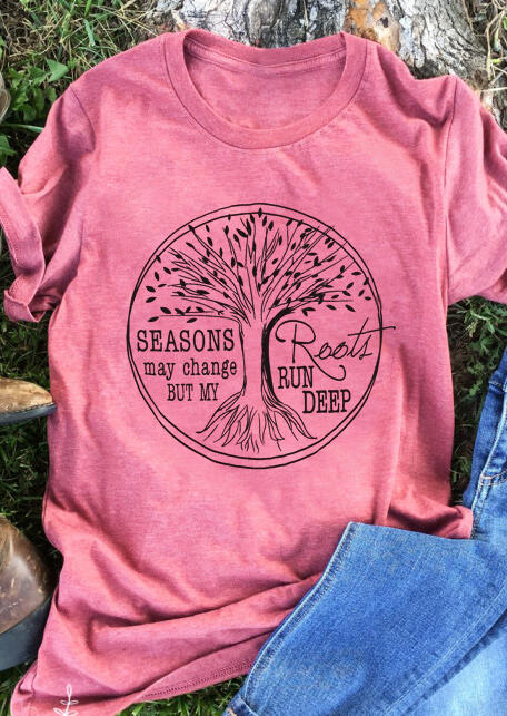 

Roots Run Deep O-Neck T-Shirt Tee, Pink, 439049