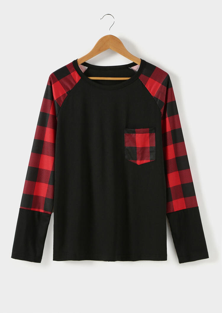 

Plaid Pocket Splicing Baseball T-Shirt, Black, 429760