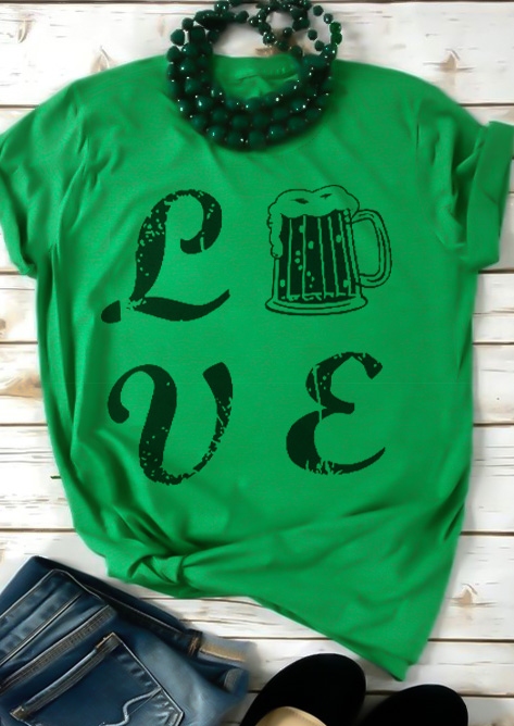

Love O-Neck Short Sleeve T-Shirt Tee, Green, 438947