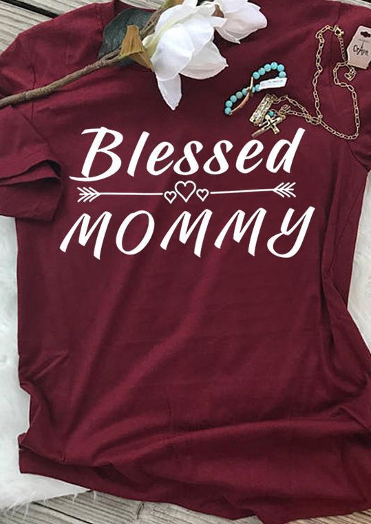 

Blessed Mommy Arrow O-Neck T-Shirt Tee, Burgundy, 438961