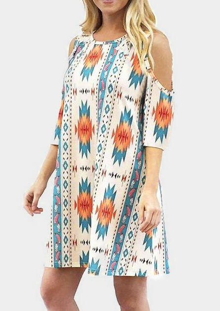 

Aztec Geometric Printed Cold Shoulder Mini Dress, Multicolor, 439021