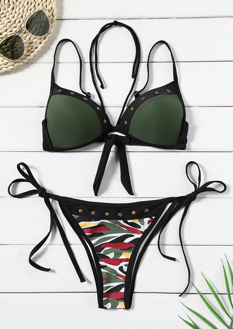 

Printed Tie Sexy Bikini Set, Black;army green, 439226