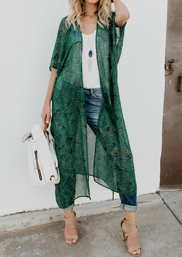 

Leaf Printed Long Cardigan without Necklace, Green, 439251