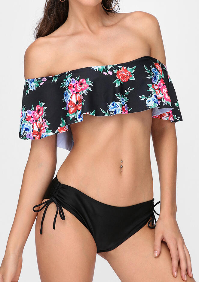 

Floral Flouncing Sexy Bikini Set, Black;white, 139253