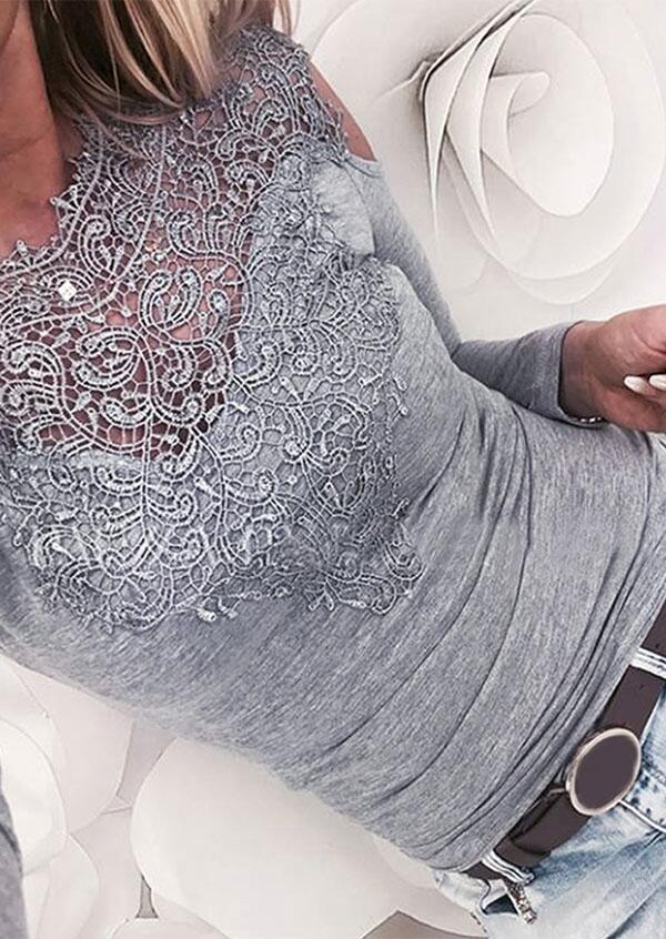 

Blouses Lace Splicing Cold Shoulder Blouse in Gray. Size