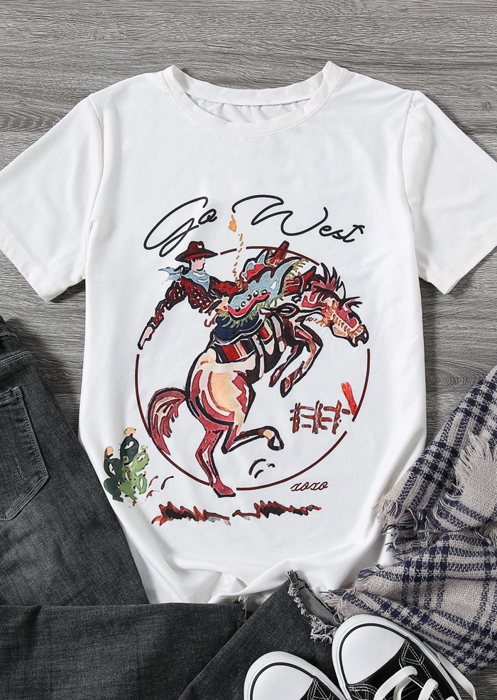 

Go West Horse O-Neck T-Shirt Tee, White, 439038