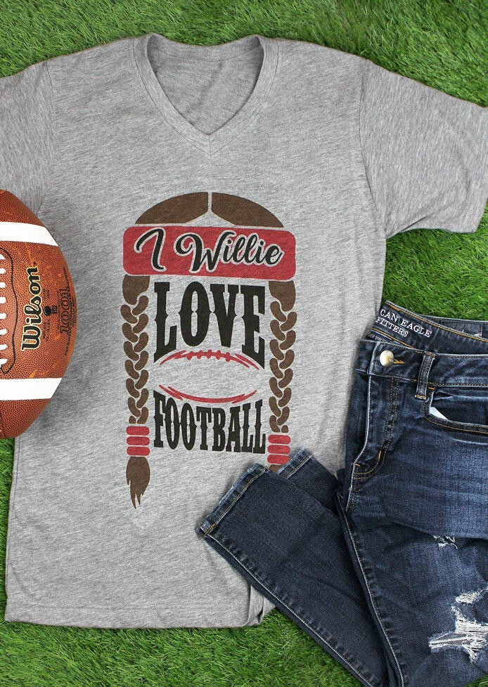 

I Willie Love Football V-Neck T-Shirt Tee, Gray, 439571