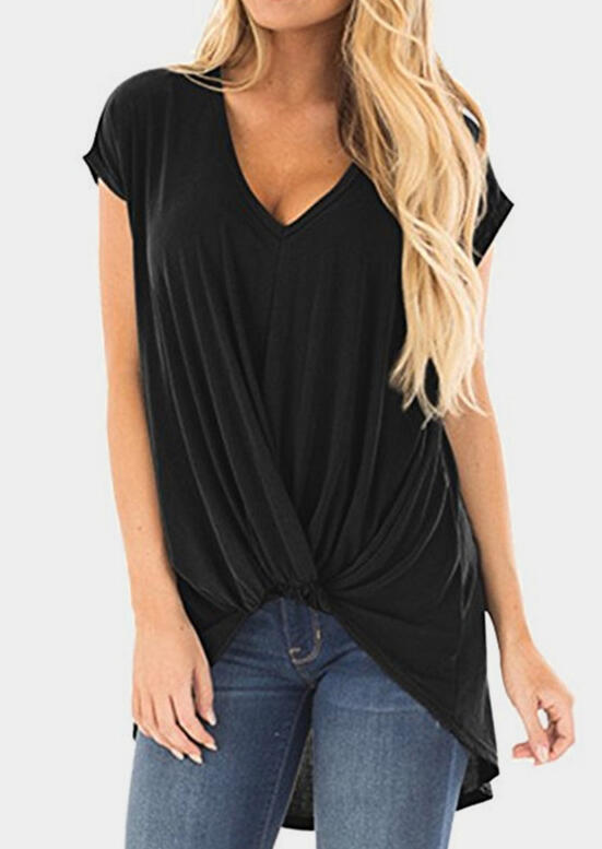 

Solid Twist V-Neck Blouse, Black;army green;burgundy, 439809