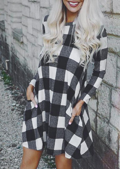 

Plaid Pocket Long Sleeve Mini Dress, 439033