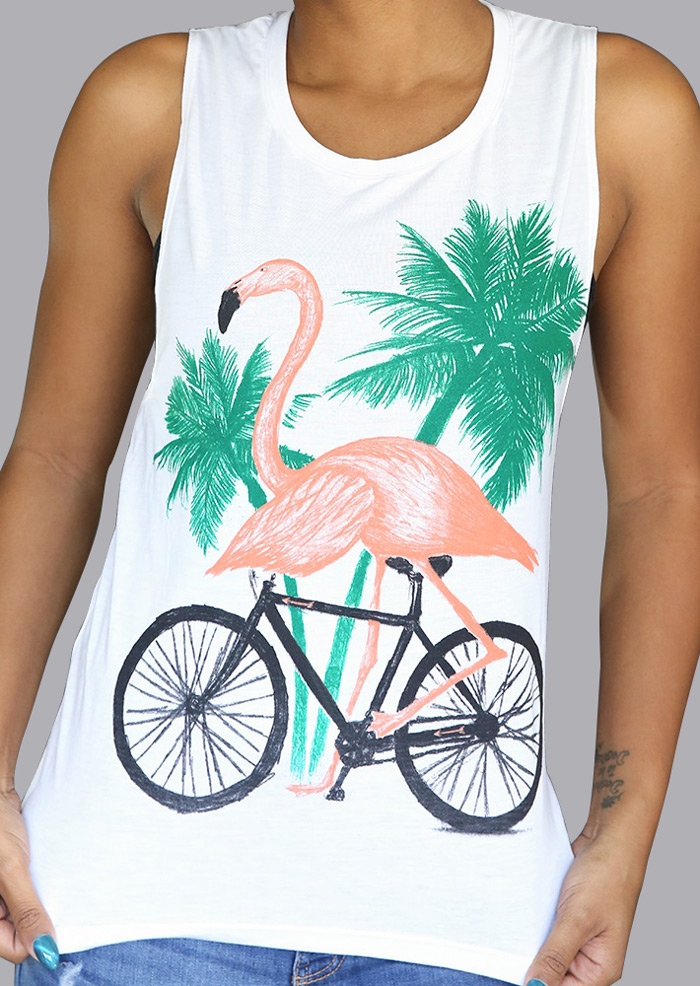 

Flamingo on a Bicycle O-Neck Tank Top - White