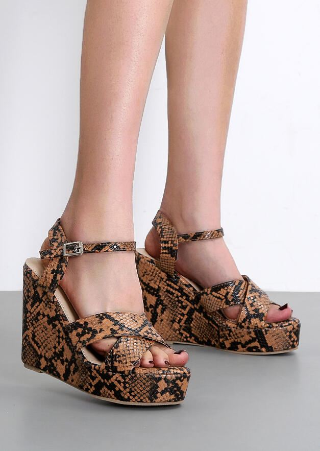 

Snake Skin Cross Ankle Strap Wedge Sandals, 439673, Brown;white