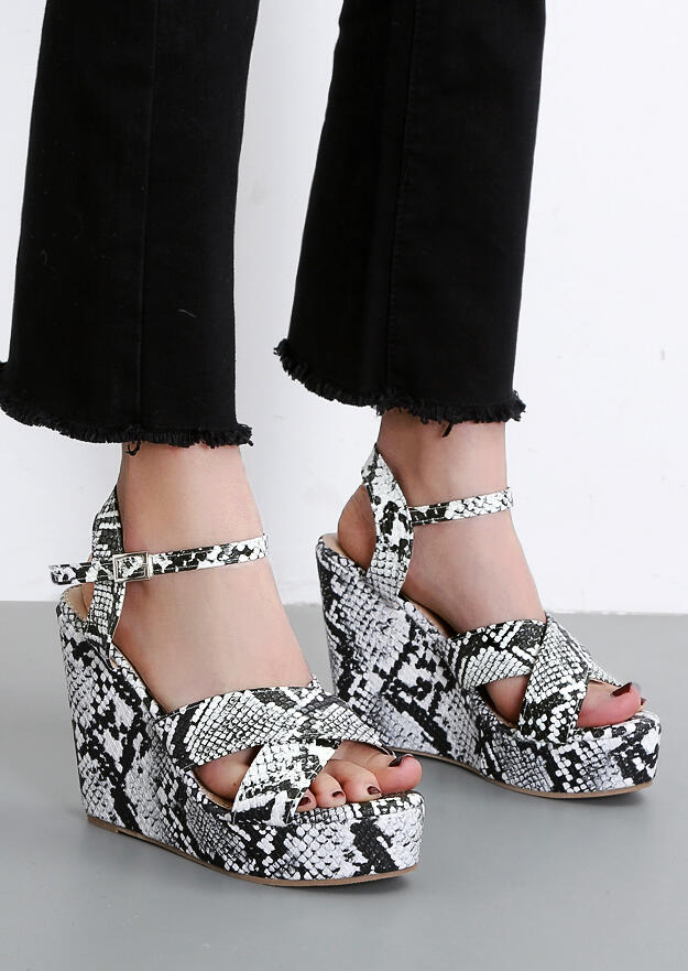 

Sandals Snake Skin Cross Ankle Strap Wedge Sandals in White. Size