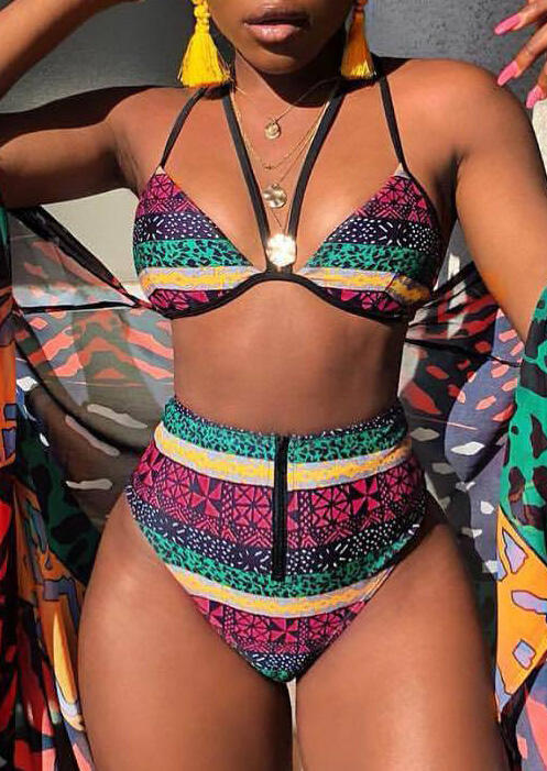 

Geometric Printed High Waist Bikini Set without Necklace, Multicolor, 439748