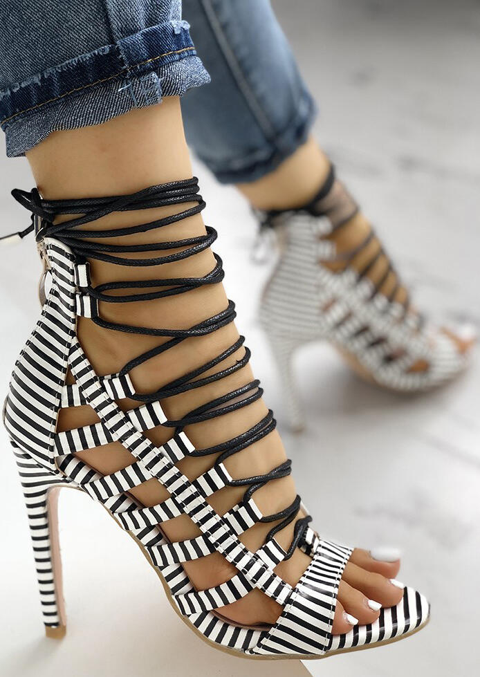 

Striped Lace Up Heeled Sandals, Black;multi;stripe, 440025