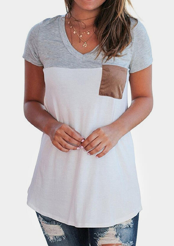 

Color Block V-Neck T-Shirt Tee, Gray;burgundy, 440308