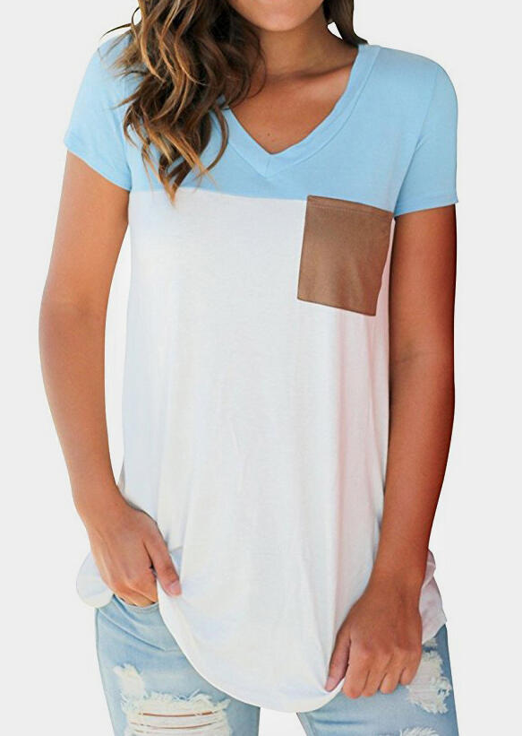 

Color Block Pocket V-Neck T-Shirt Tee, Sky blue, 440314