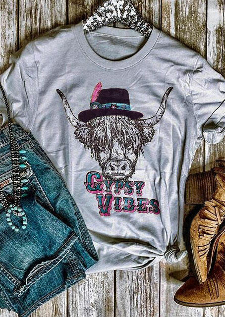 

Gypsy Vibes O-Neck T-Shirt Tee, Gray, 440171