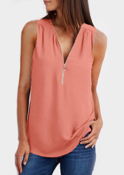 

Solid Zipper V-Neck Tank, Rose red;dark green;brick red, 440397