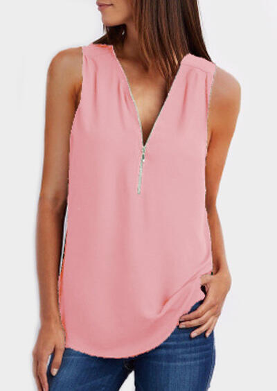 

Solid Zipper V-Neck Tank, Pink;cyan, 440399