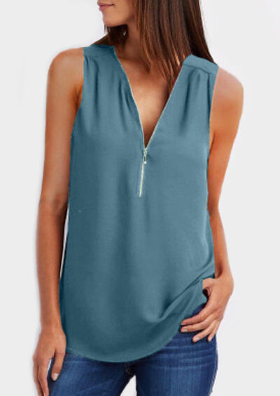 

Tank Tops Zipper V-Neck Tank Top in Cyan. Size