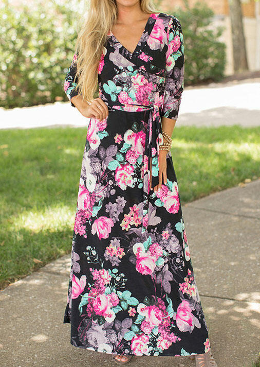 

Floral Wrap V-Neck Maxi Dress, Black;navy blue, 440355