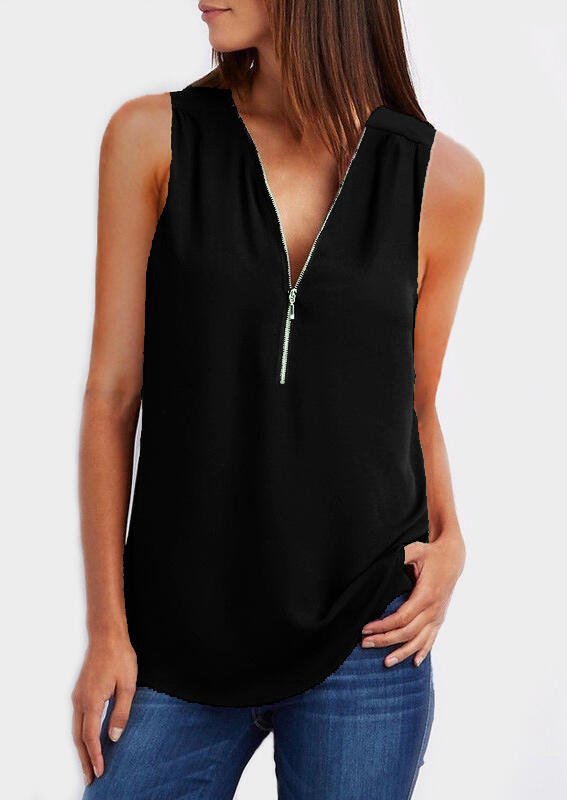 Solid Zipper VNeck Tank Fairyseason