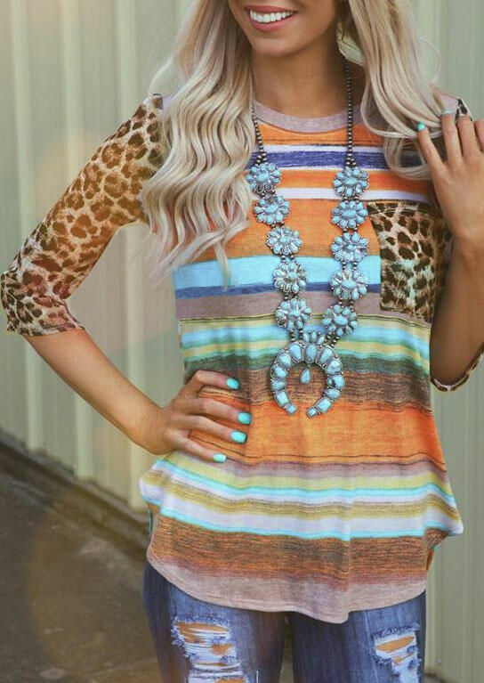 

Leopard Printed Pocket T-Shirt Tee without Necklace, Stripe, 440364