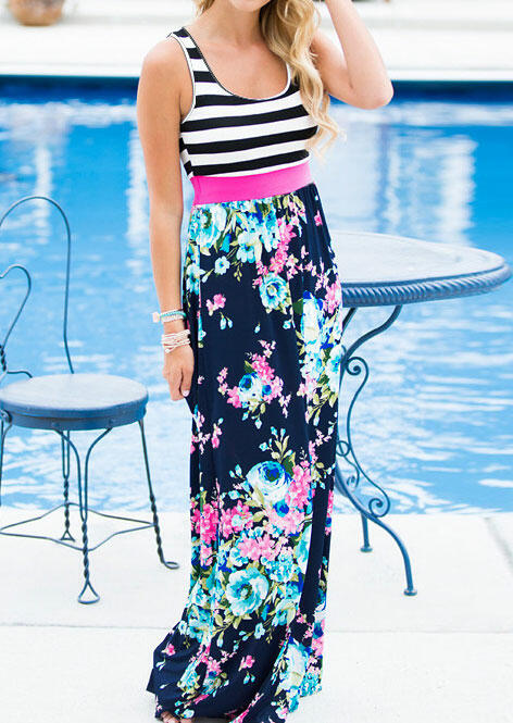 

Maxi Dresses Floral Striped Sleeveless Maxi Dress in Multicolor. Size