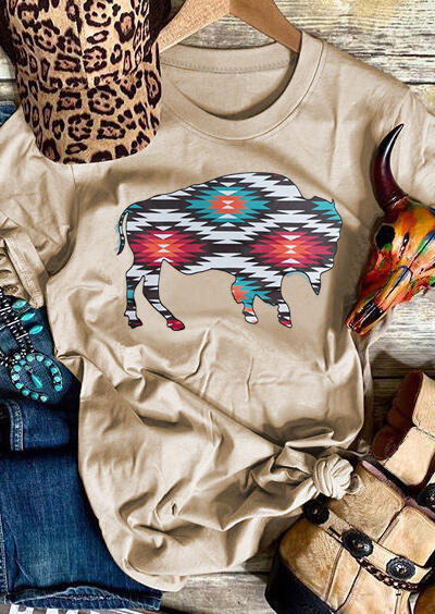 

Aztec Geometric Printed O-Neck T-Shirt Tee, 440429, Light khaki