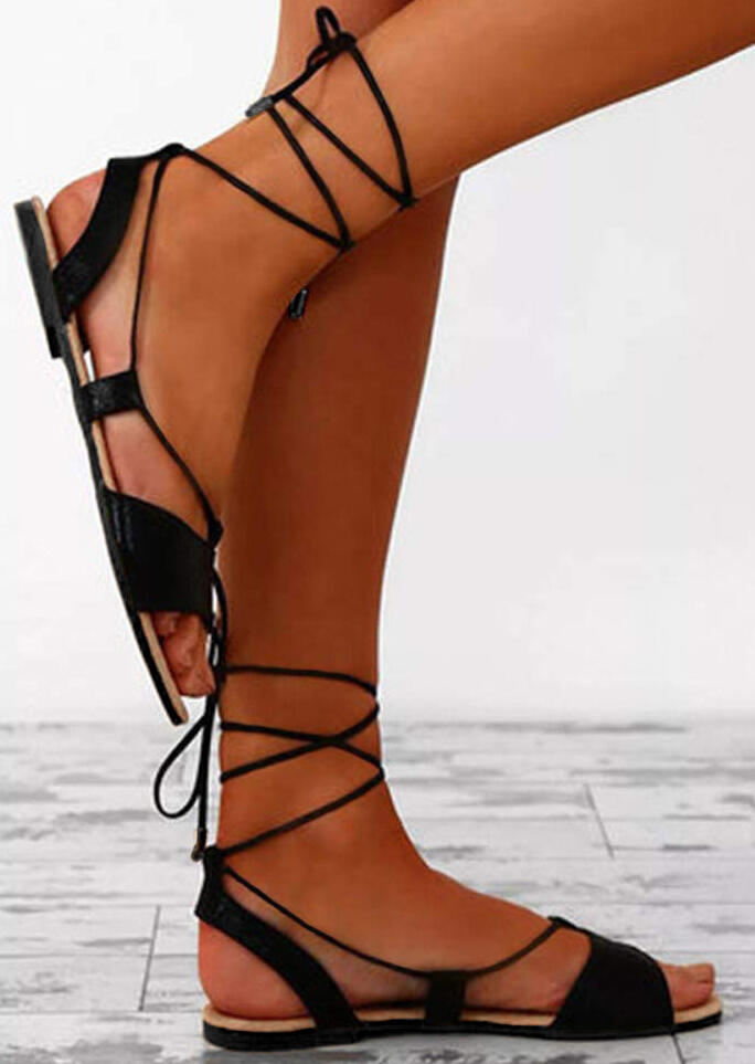 Solid Ankle Wrap Tie Flat Sandals