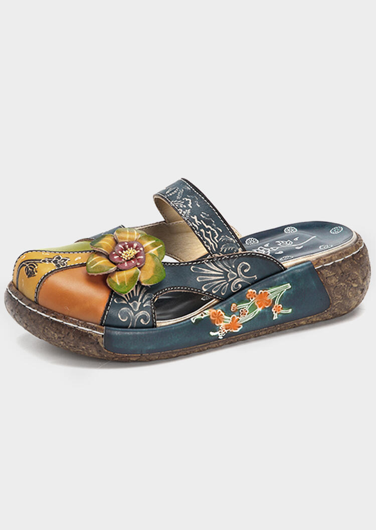 

Slippers Flower Round Toe Leather Slippers in Red,Cyan. Size