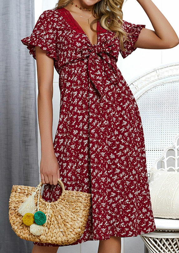 

Floral Tie Lace Splicing Casual Dress, Burgundy, 440893