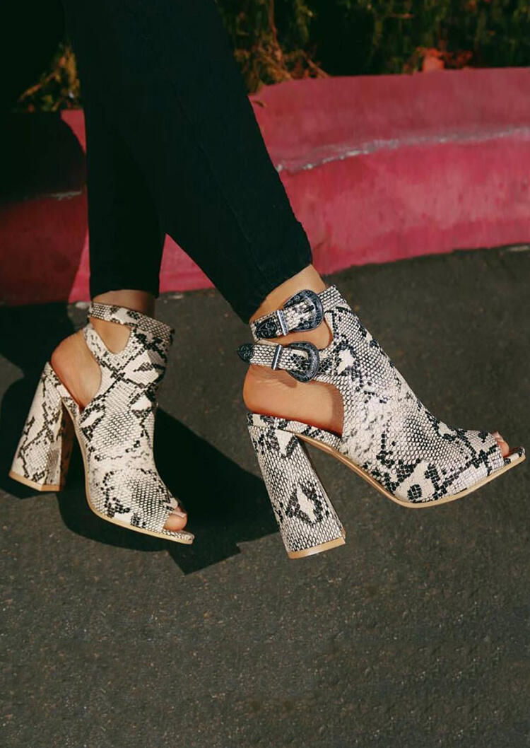 Snake Skin Printed Hollow Out Heeled Sandals