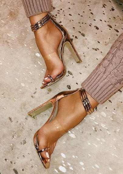

Solid Ankle Strap Heeled Sandals, 441062, Black;gold