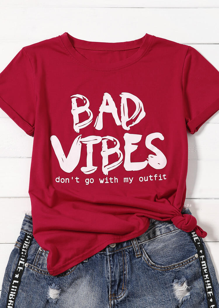 

Bad Vibes O-Neck T-Shirt Tee, Red, 440446