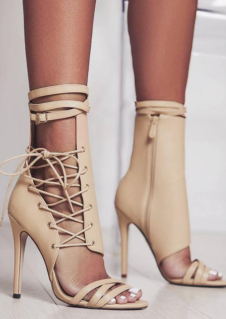 

Solid Lace-Up Zipper Heeled Sandals, Black;apricot, 441050