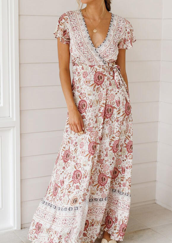 

Floral Deep V-Neck Tie Maxi Dress without Necklace, White;light green, 441051